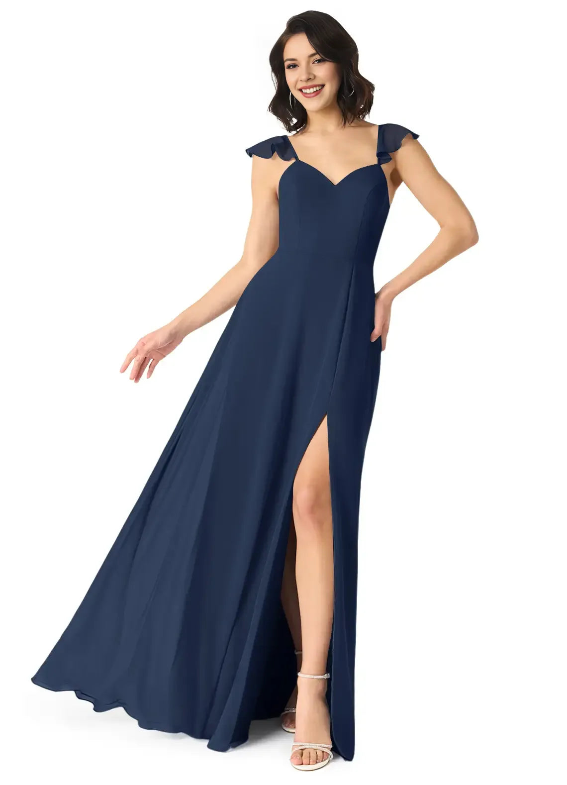 Romantic A-Line Chiffon Sweetheart Ruffle Sleeve Bow Back Floor Length Bridesmaid Dress