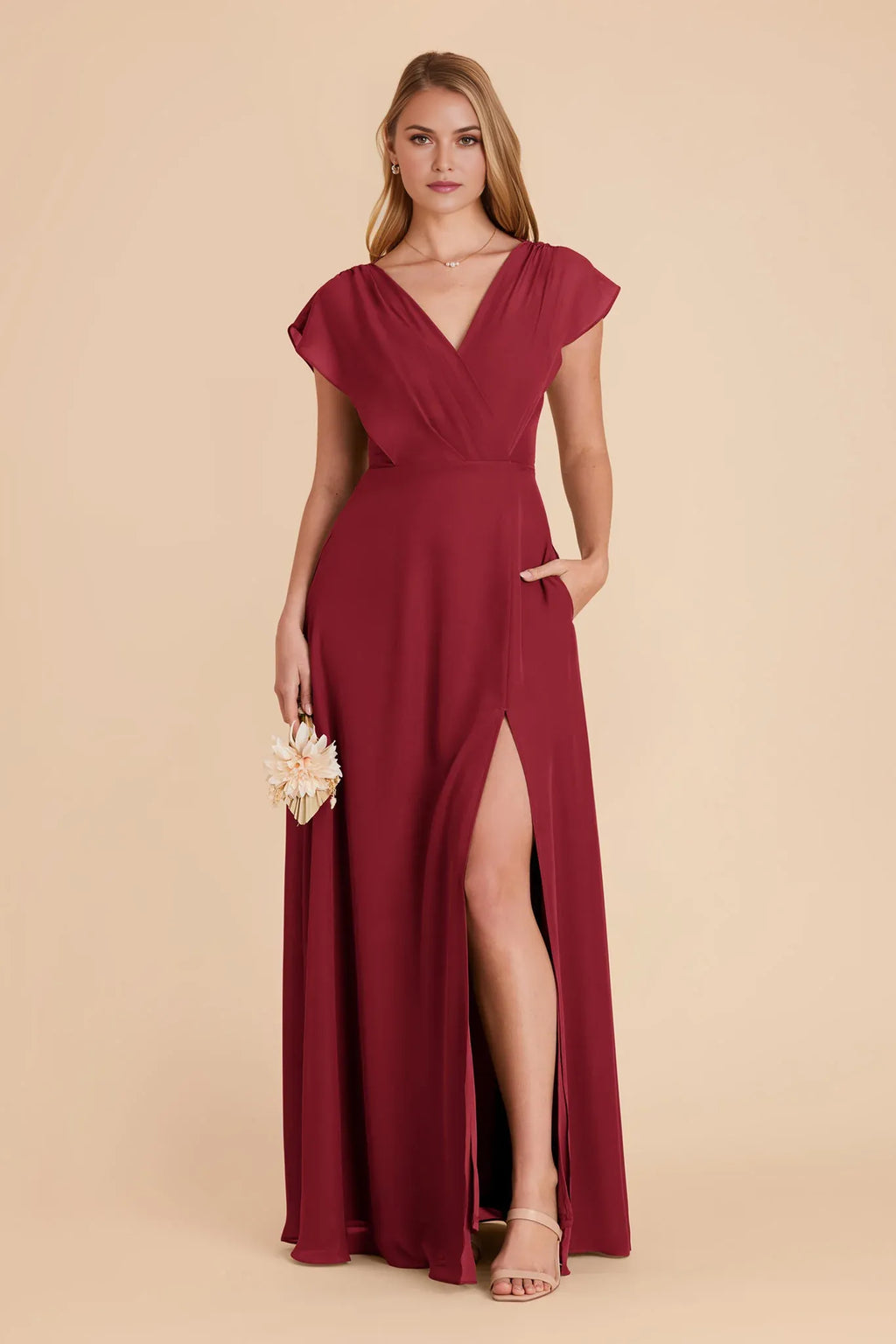 Romantic A-Line Chiffon V Neck Flutter Sleeve Zipper Back Floor Length Bridesmaid Dress