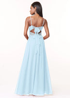 Romantic A-Line Chiffon V Neck Spaghetti Strap Bow Cutout Back Floor Length Bridesmaid Dress