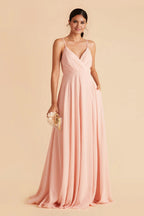Romantic A-Line Chiffon V Neck Spaghetti Strap Zipper Back Floor Length Bridesmaid Dress