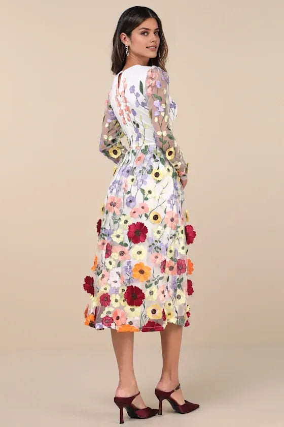 Romantic A-Line Deep V Neck Long Sleeve Midi Floral Dress