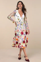 Romantic A-Line Deep V Neck Long Sleeve Midi Floral Dress