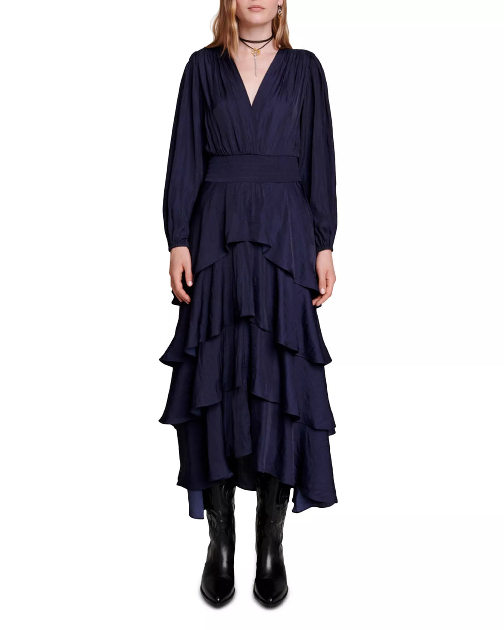 Romantic A-Line Deep V Neck Puff Sleeve Smocked Back Asymmetrical Midi For Ladies Prom Dress