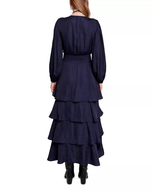 Robe de bal midi asymétrique romantique trapèze à col en V profond, manches bouffantes et dos smocké pour femme