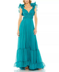 Romantic A Line Deep V Neck Ruffle Sleeve Lace Up Back Floor Length Hot Sale Prom Dress
