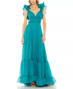 Romantic A Line Deep V Neck Ruffle Sleeve Lace Up Back Floor Length Hot Sale Prom Dress