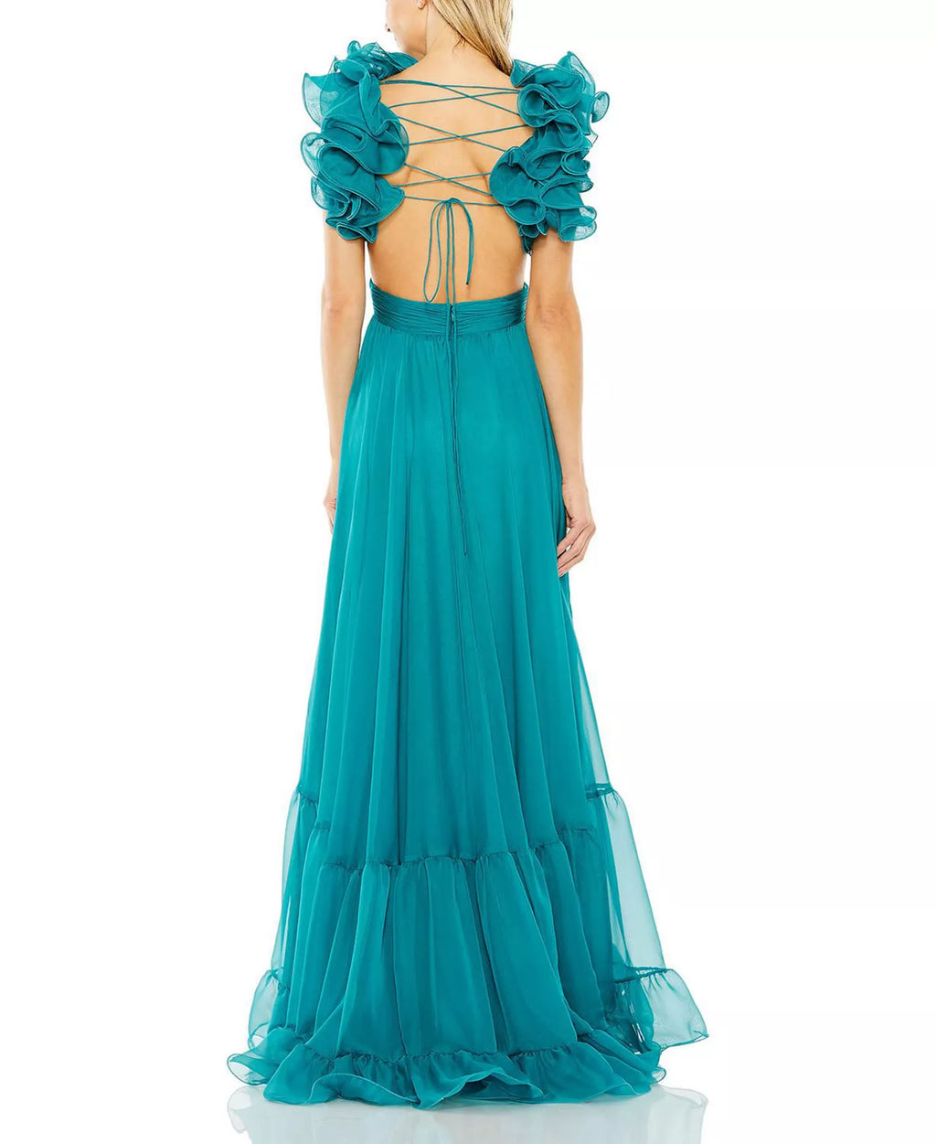 Romantic A Line Deep V Neck Ruffle Sleeve Lace Up Back Floor Length Hot Sale Prom Dress