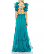 Romantic A Line Deep V Neck Ruffle Sleeve Lace Up Back Floor Length Hot Sale Prom Dress
