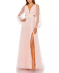 Romantic A Line Deep V Neck Sheer Sleeve Lace Up Back Floor Length Hot Sale Prom Dress