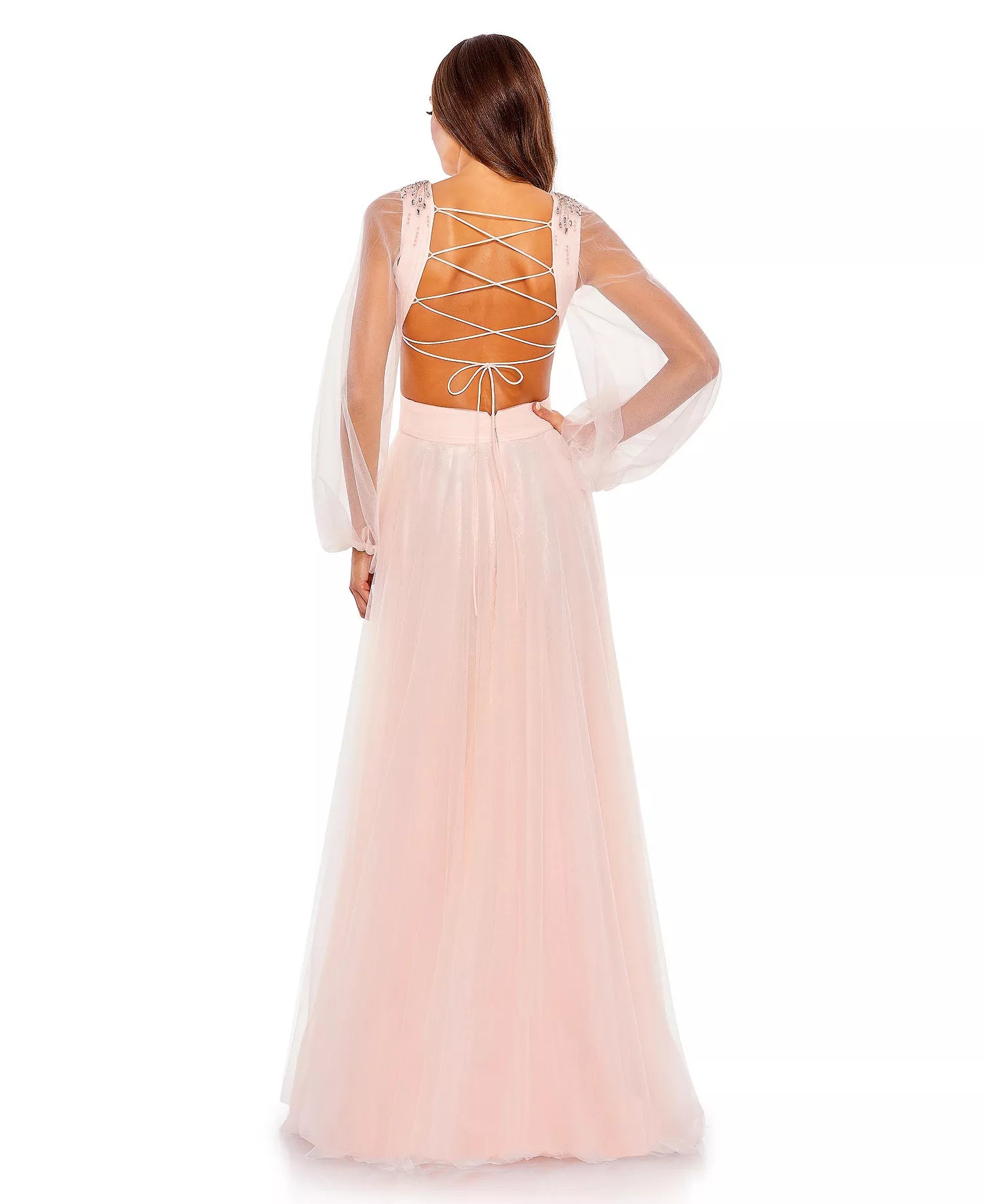Romantic A Line Deep V Neck Sheer Sleeve Lace Up Back Floor Length Hot Sale Prom Dress