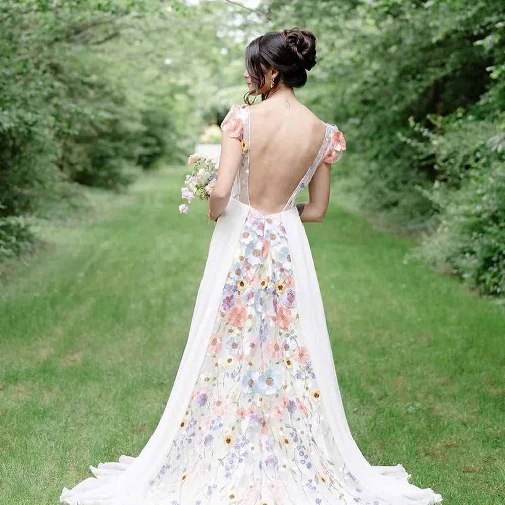 Romantic A-Line Deep V Neck Short Sleeve Maxi Floral Dress