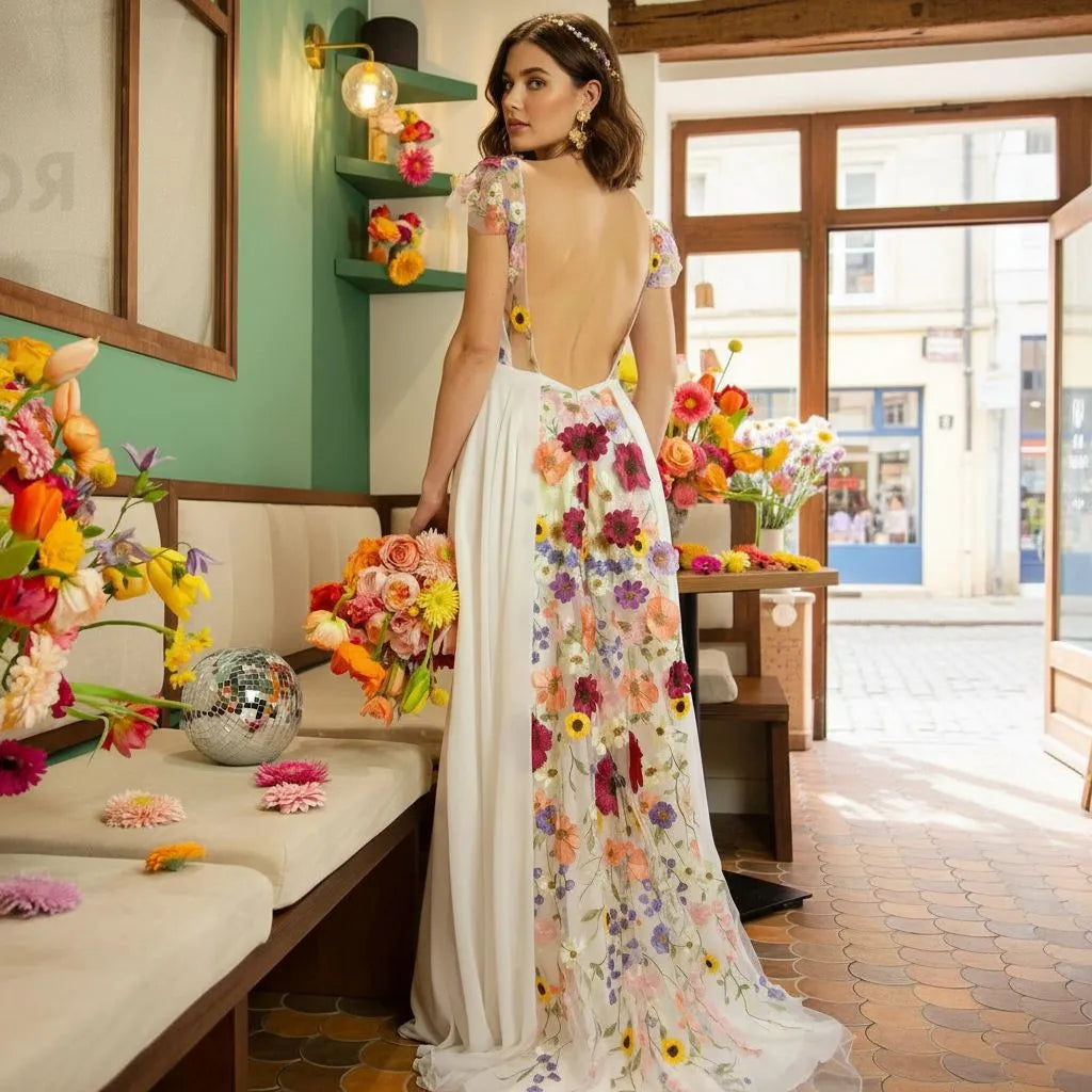 Romantic A-Line Deep V Neck Short Sleeve Maxi Floral Dress