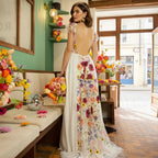 Romantic A-Line Deep V Neck Short Sleeve Maxi Floral Dress
