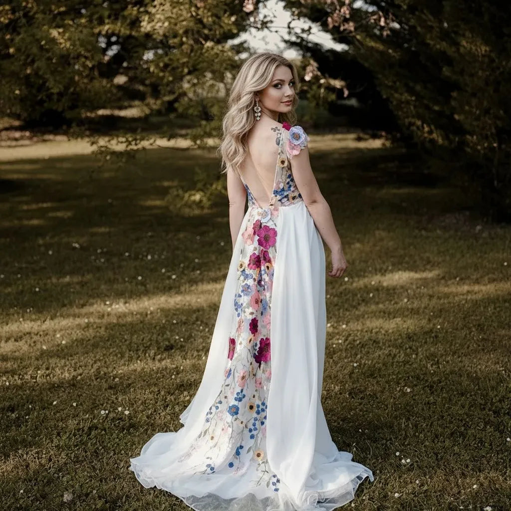 Romantic A-Line Deep V Neck Short Sleeve Maxi Floral Dress
