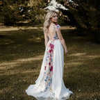 Romantic A-Line Deep V Neck Short Sleeve Maxi Floral Dress