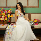 Romantic A-Line Deep V Neck Short Sleeve Maxi Floral Dress