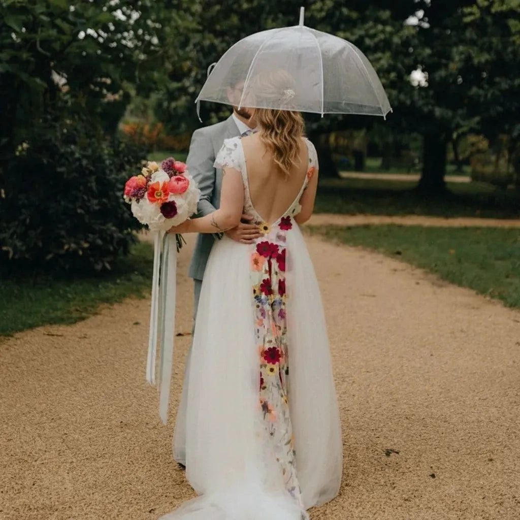 Romantic A-Line Deep V Neck Short Sleeve Maxi Floral Dress