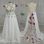 Romantic A-Line Deep V Neck Short Sleeve Maxi Floral Dress