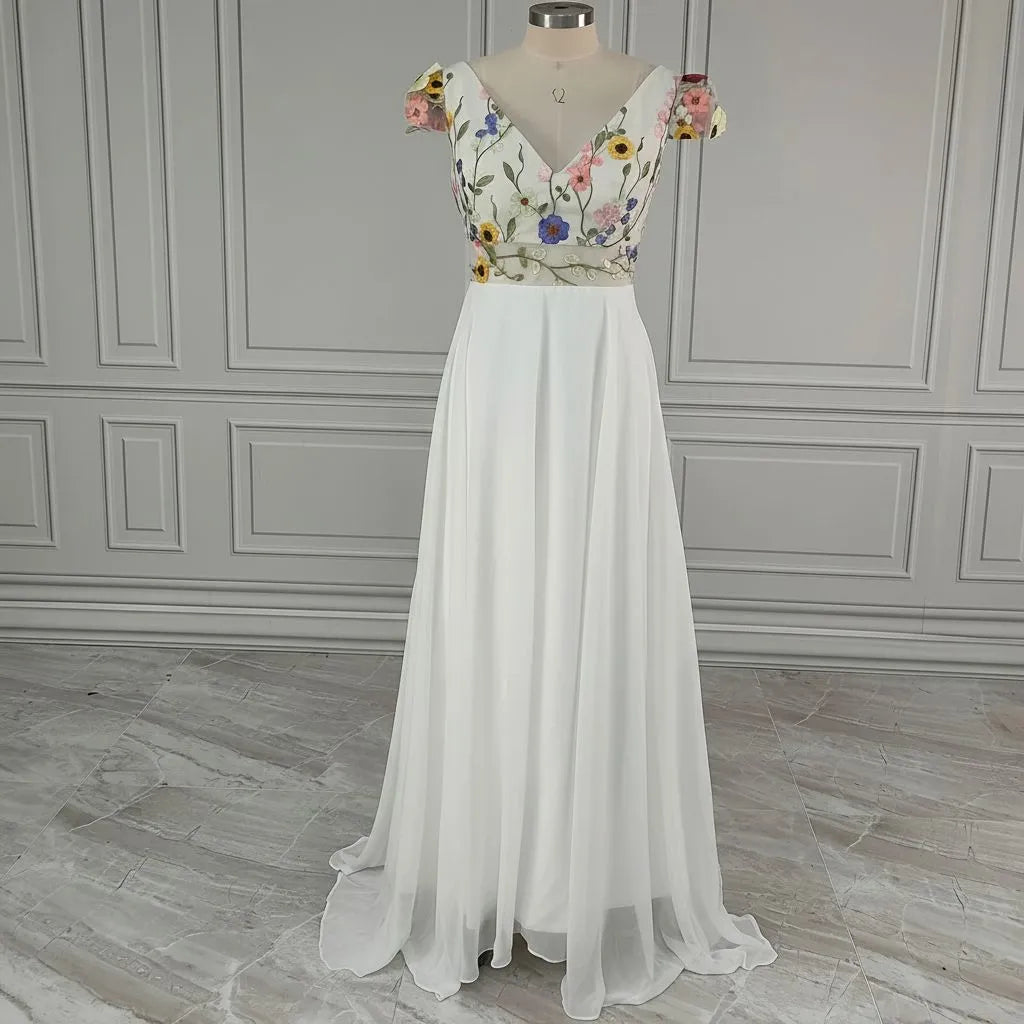 Romantic A-Line Deep V Neck Short Sleeve Maxi Floral Dress