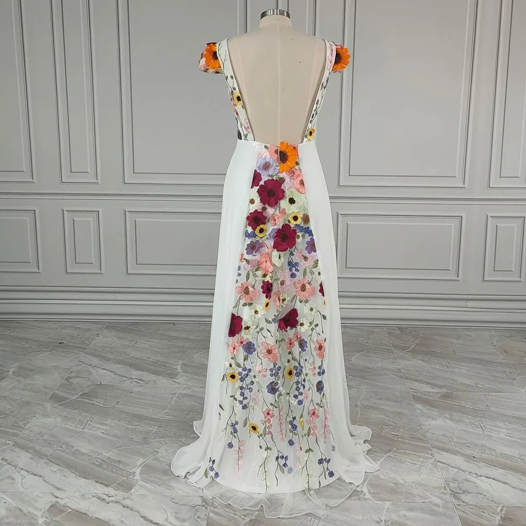 Romantic A-Line Deep V Neck Short Sleeve Maxi Floral Dress