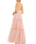 Romantic A-Line Deep V Neck Tie Strap Open Back Tiered Floor Length Hot Sale Prom Dress