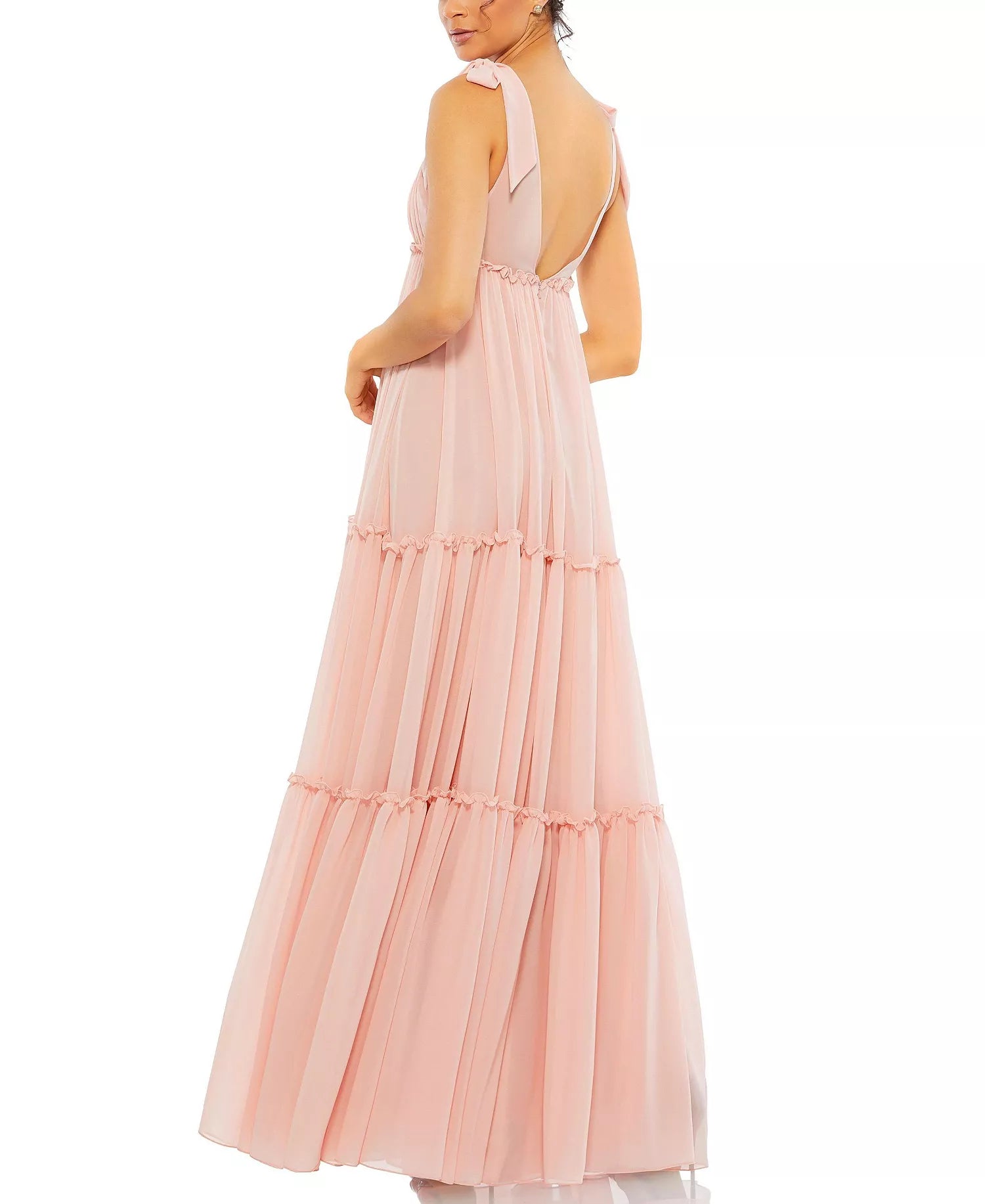 Romantic A-Line Deep V Neck Tie Strap Open Back Tiered Floor Length Hot Sale Prom Dress
