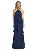 Romantic A-Line Halter Neck Sleeveless Open Back Floor Length Bridesmaid Dress