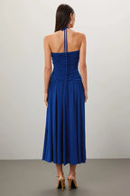 Romantic A Line Halter Neck Sleeveless Ruched Tie Back Midi Length Plus Size Prom Dress