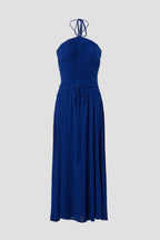 Romantic A Line Halter Neck Sleeveless Ruched Tie Back Midi Length Plus Size Prom Dress