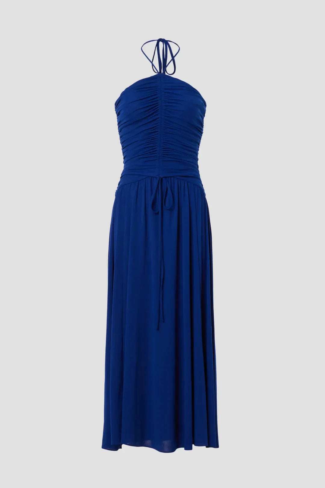 Romantic A Line Halter Neck Sleeveless Ruched Tie Back Midi Length Plus Size Prom Dress