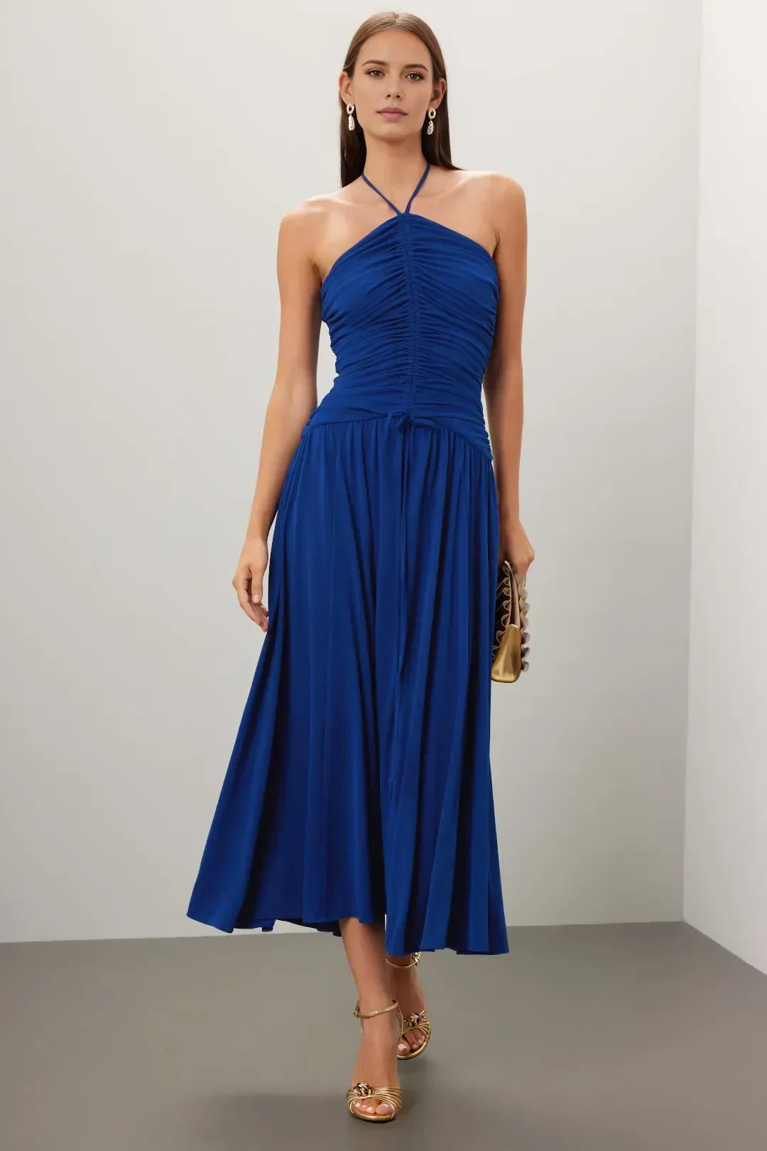 Romantic A Line Halter Neck Sleeveless Ruched Tie Back Midi Length Plus Size Prom Dress