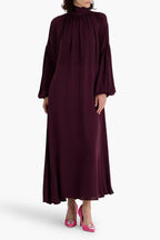 Romantic A Line High Neck Puff Sleeve Tie Back Floor Length Plus Size Evening Dress