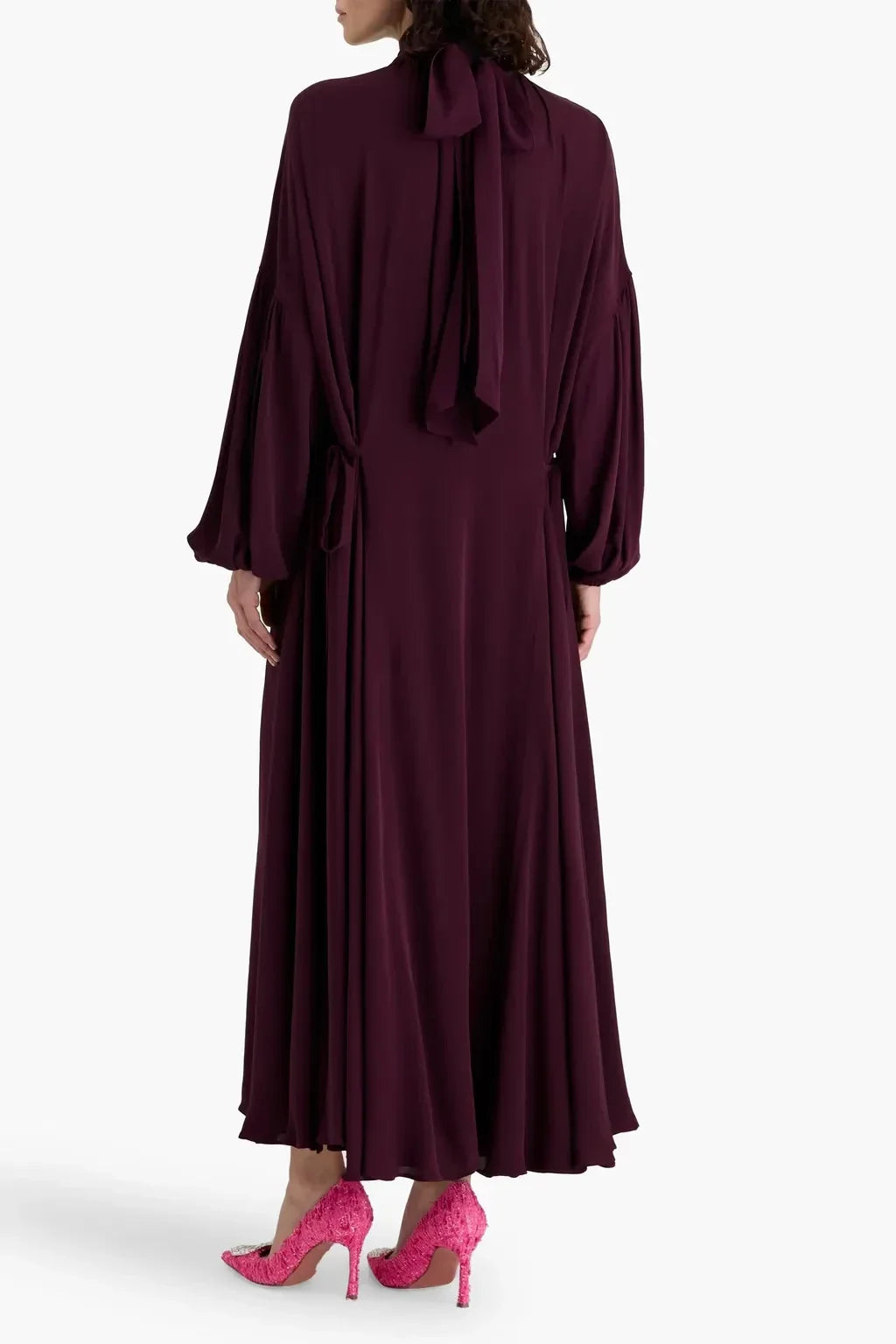 Romantic A Line High Neck Puff Sleeve Tie Back Floor Length Plus Size Evening Dress