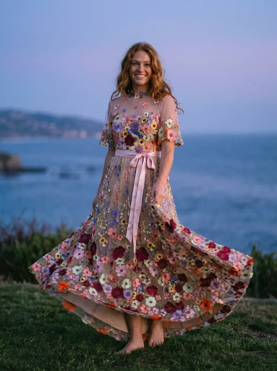 Romantic A-Line High Neck Short Sleeve Maxi Floral Dress