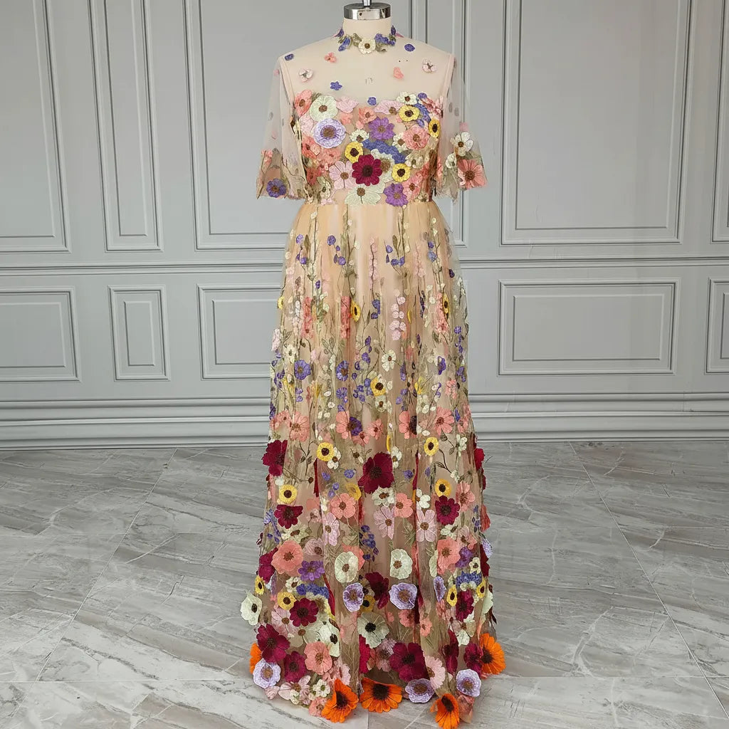 Romantic A-Line High Neck Short Sleeve Maxi Floral Dress