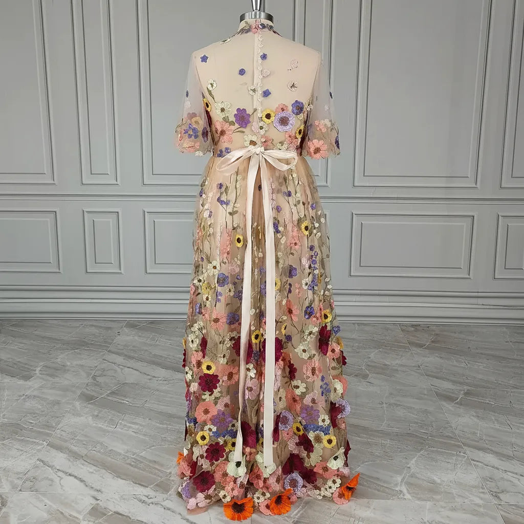 Romantic A-Line High Neck Short Sleeve Maxi Floral Dress