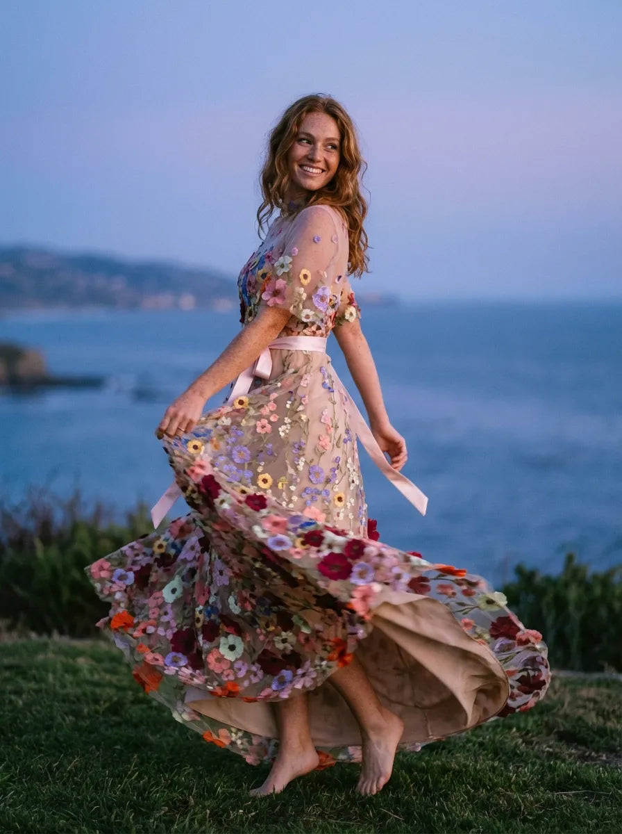 Romantic A-Line High Neck Short Sleeve Maxi Floral Dress