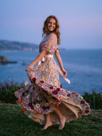 Romantic A-Line High Neck Short Sleeve Maxi Floral Dress