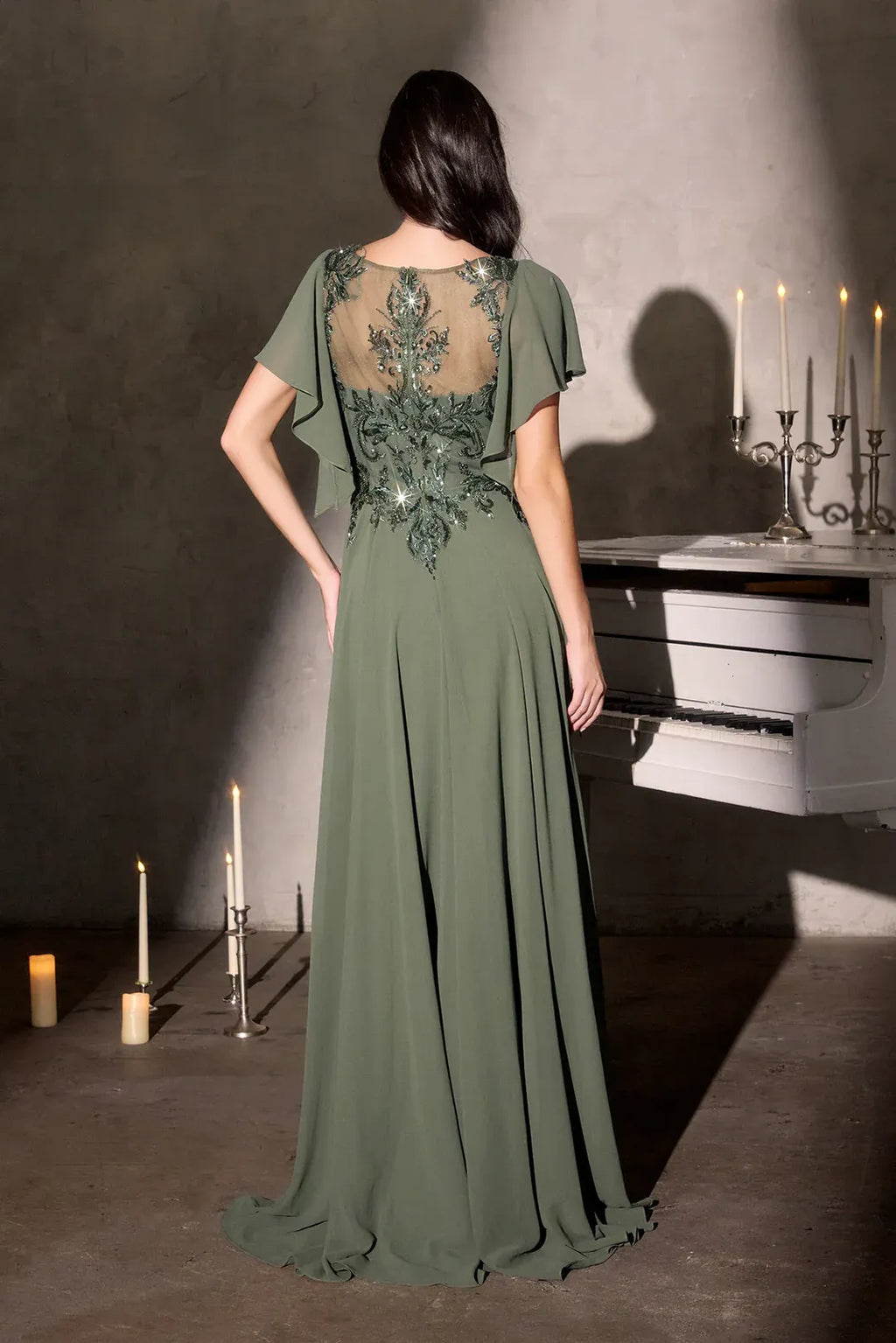 Romantic A-Line Illusion Neck Flutter Sleeve Embellished Back Floor Length Prom Dress
