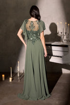 Romantic A-Line Illusion Neck Flutter Sleeve Embellished Back Floor Length Prom Dress