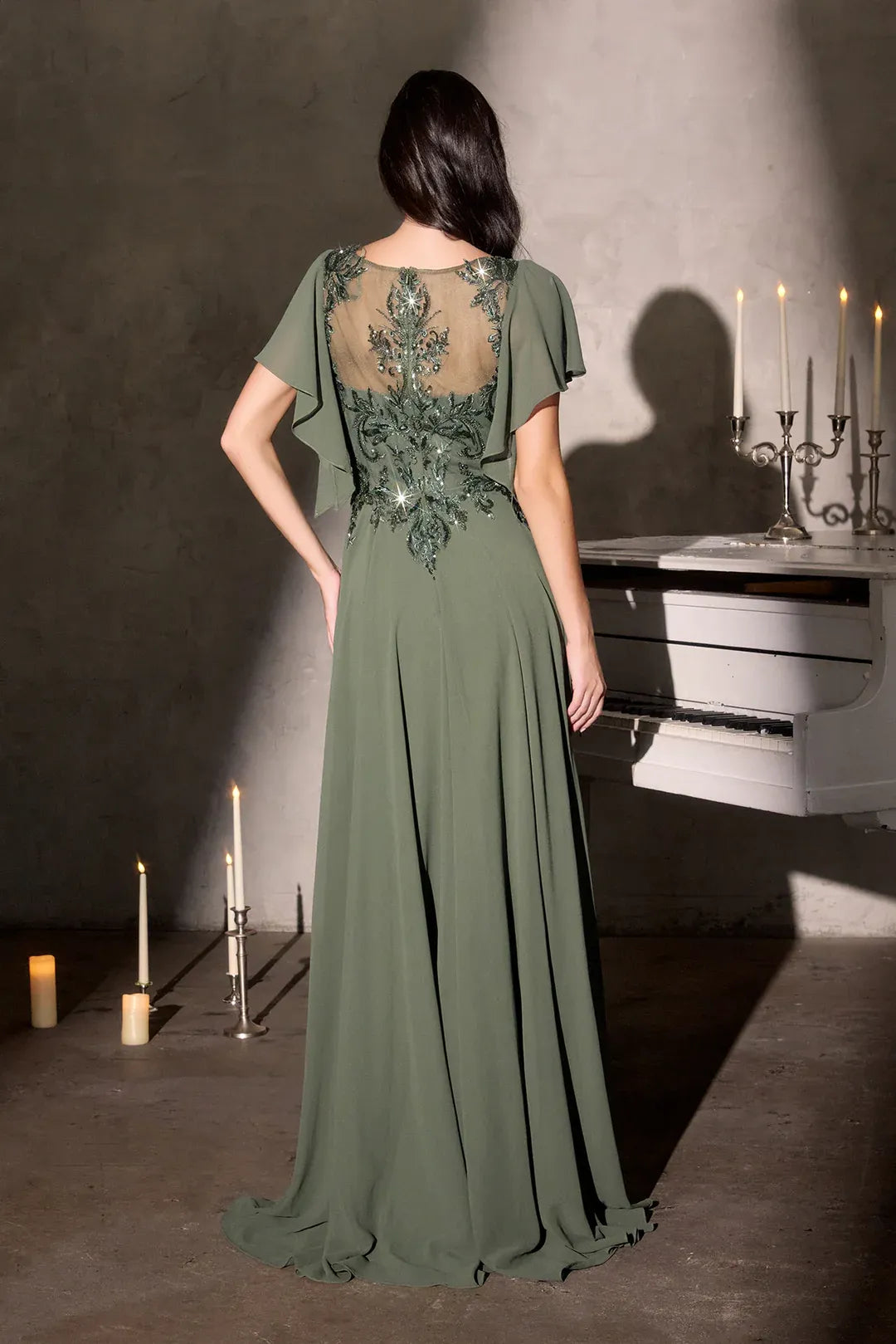 Romantic A-Line Illusion Neck Flutter Sleeve Embellished Back Floor Length Prom Dress