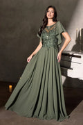 Romantic A-Line Illusion Neck Flutter Sleeve Embellished Back Floor Length Prom Dress
