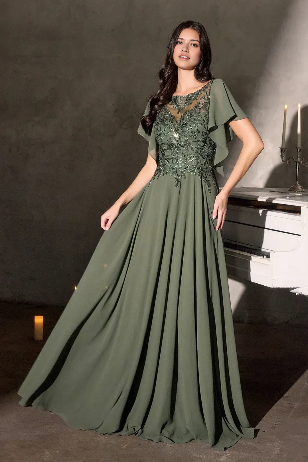 Romantic A-Line Illusion Neck Flutter Sleeve Embellished Back Floor Length Prom Dress