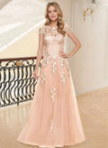 Blush Pink Romantic A-Line Illusion Neck Short Sleeve Blush & Mother of the Bride Dress