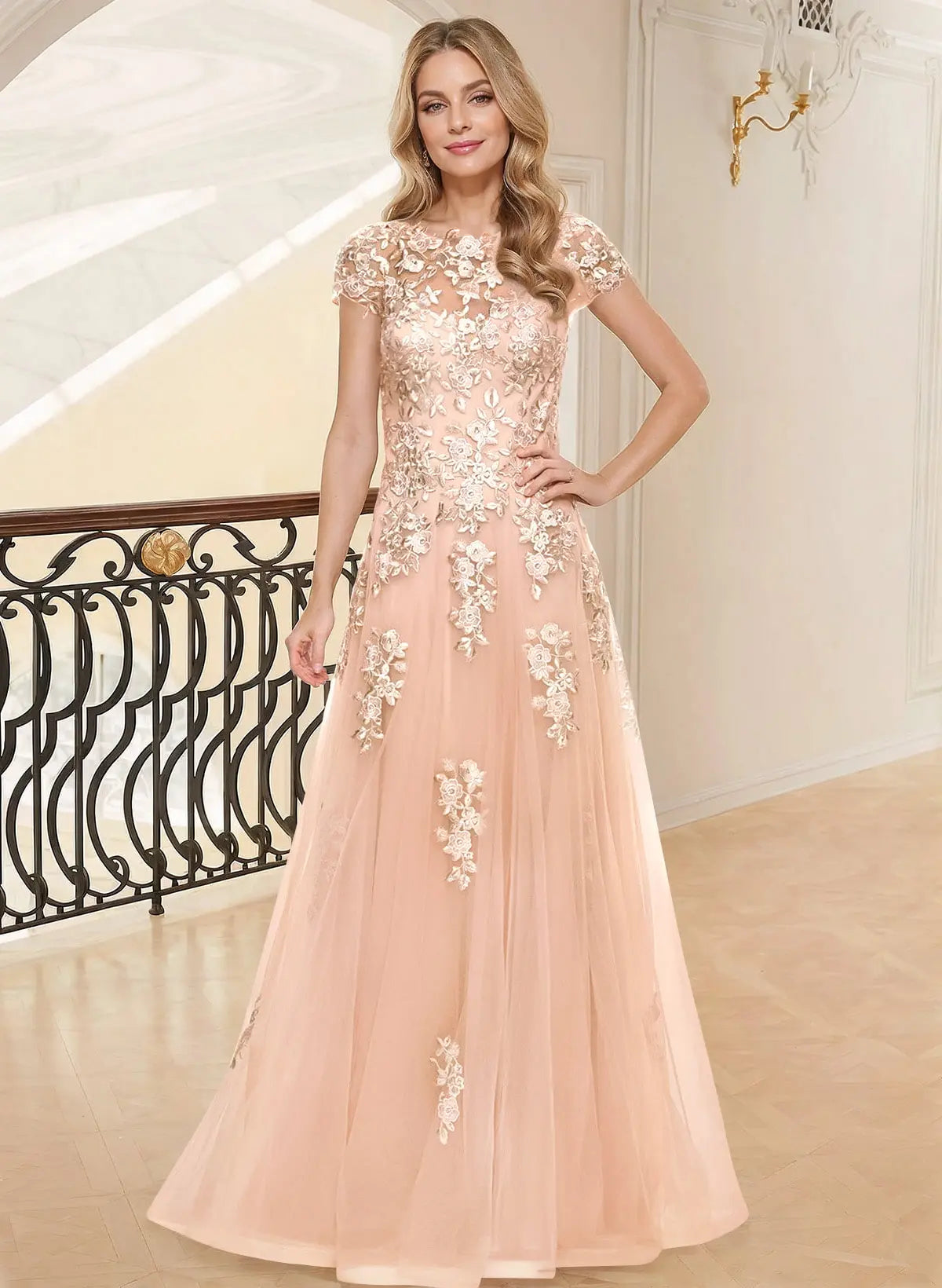Blush Pink Romantic A-Line Illusion Neck Short Sleeve Blush & Mother of the Bride Dress