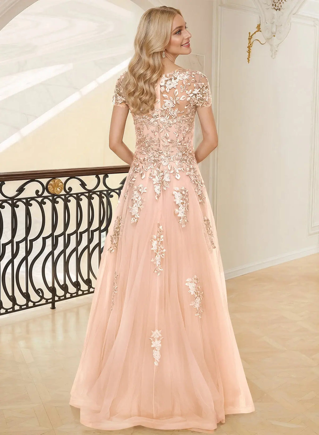 Blush Pink Romantic A-Line Illusion Neck Short Sleeve Blush & Mother of the Bride Dress