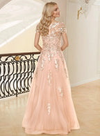 Blush Pink Romantic A-Line Illusion Neck Short Sleeve Blush & Mother of the Bride Dress