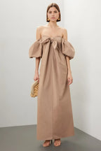 Romantic A Line Off Shoulder Puff Sleeve Bow Front Floor Length Plus Size Prom Dress