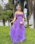 Romantic A-Line Off Shoulder Short Sleeve Maxi Prom Dress