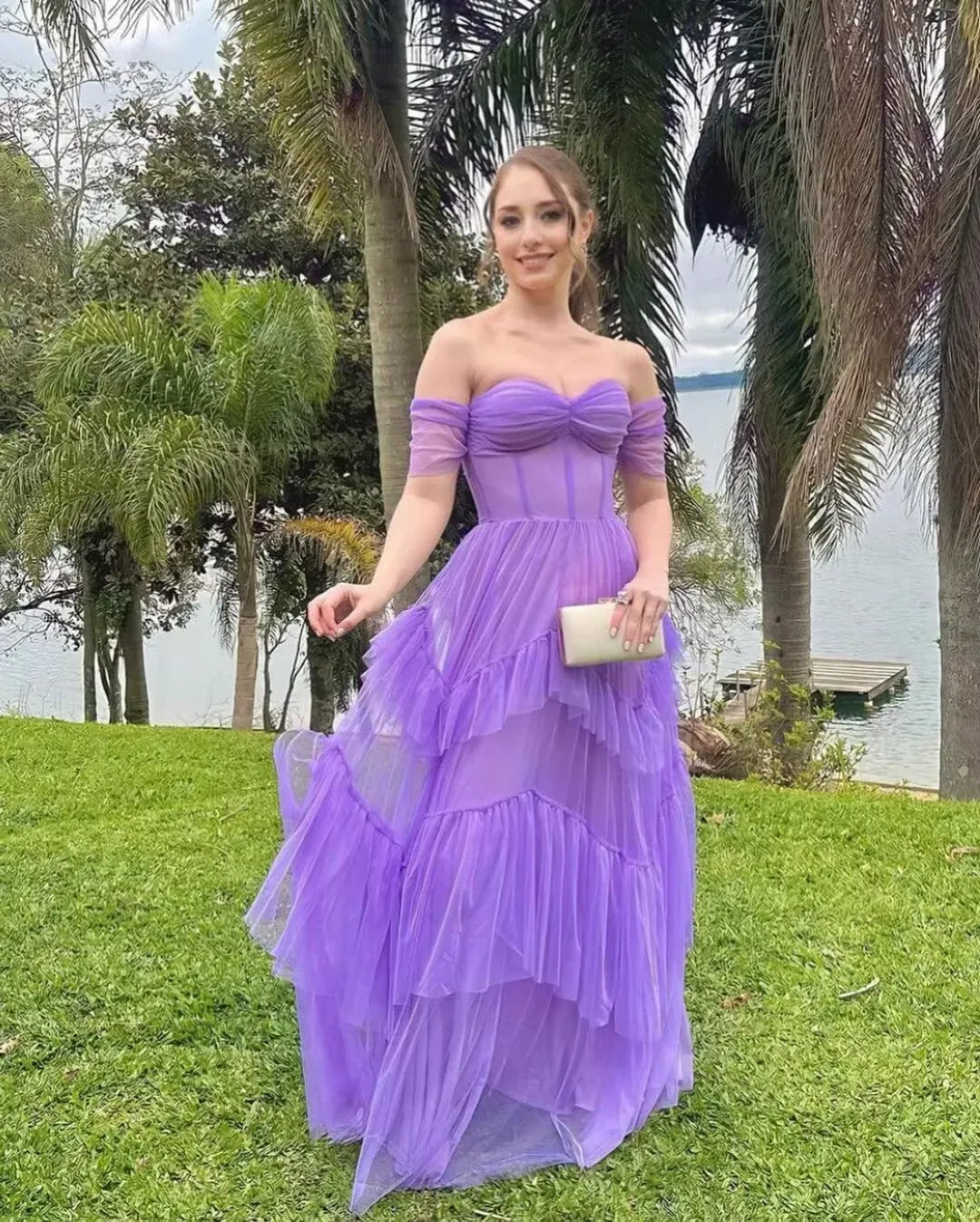 Romantic A-Line Off Shoulder Short Sleeve Maxi Prom Dress